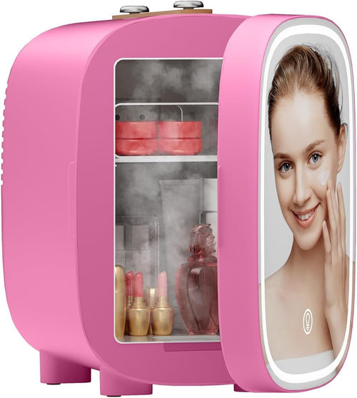 4L Skincare Mini Fridge Cooler & Warmer LED Mirror Portable Pink