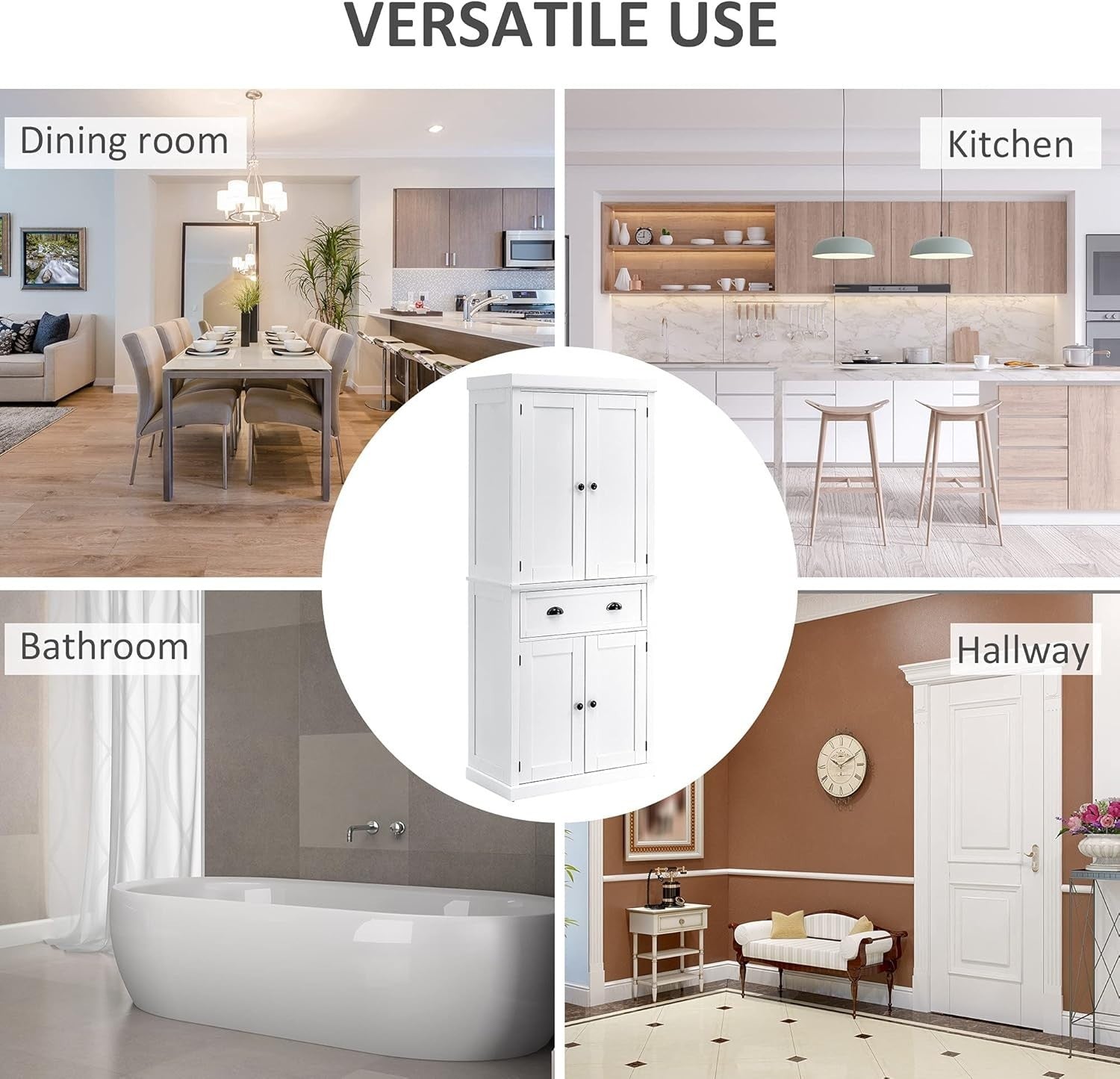 White Tall Kitchen Cupboard 184cm Pantry Storage Cabinet Shelves Drawer