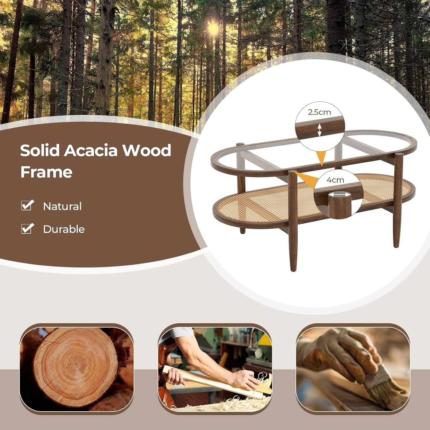 Glass Coffee Table with Rattan Shelf, 2-Tier Wood Frame, 102x56x46cm
