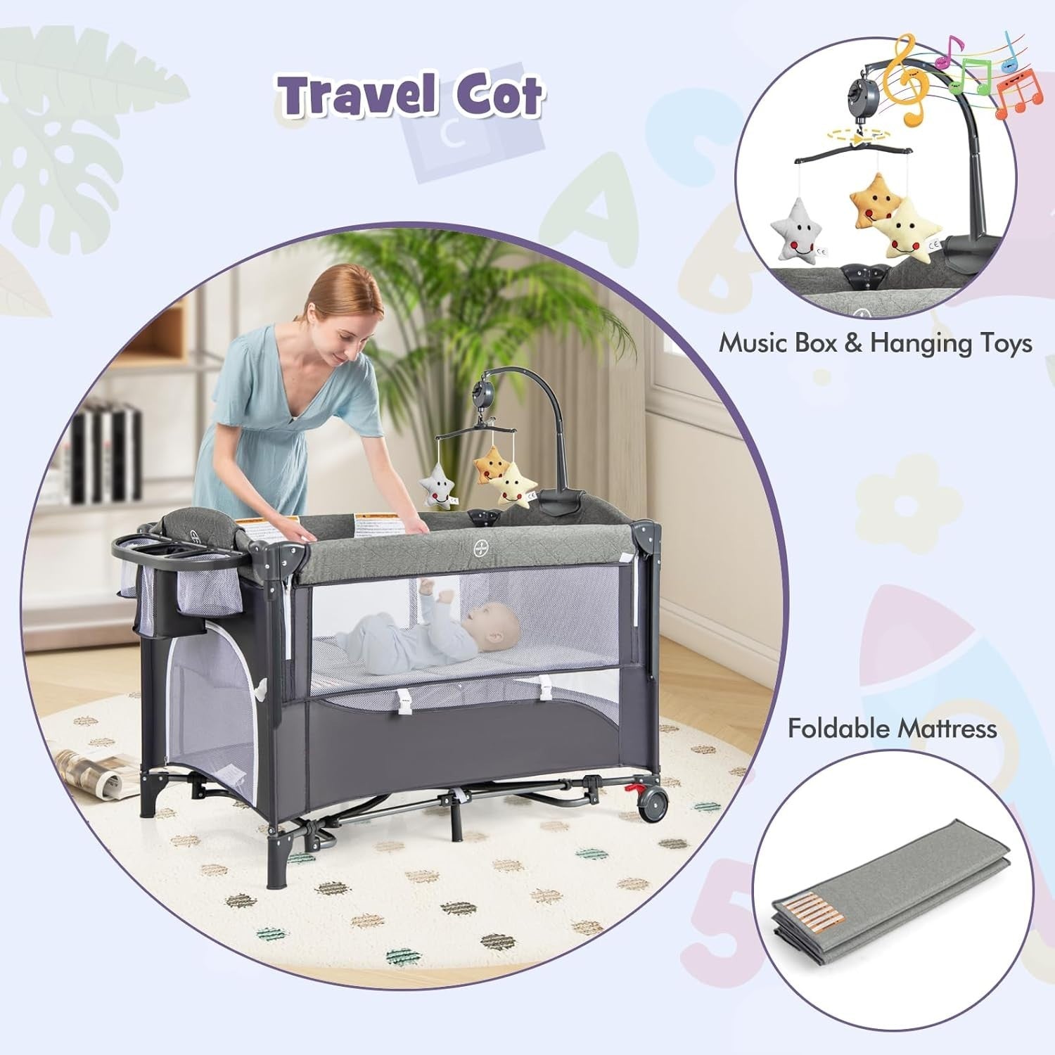 6in1 Baby Travel Cot Foldable Crib with Mattress, Changer & Storage Classic