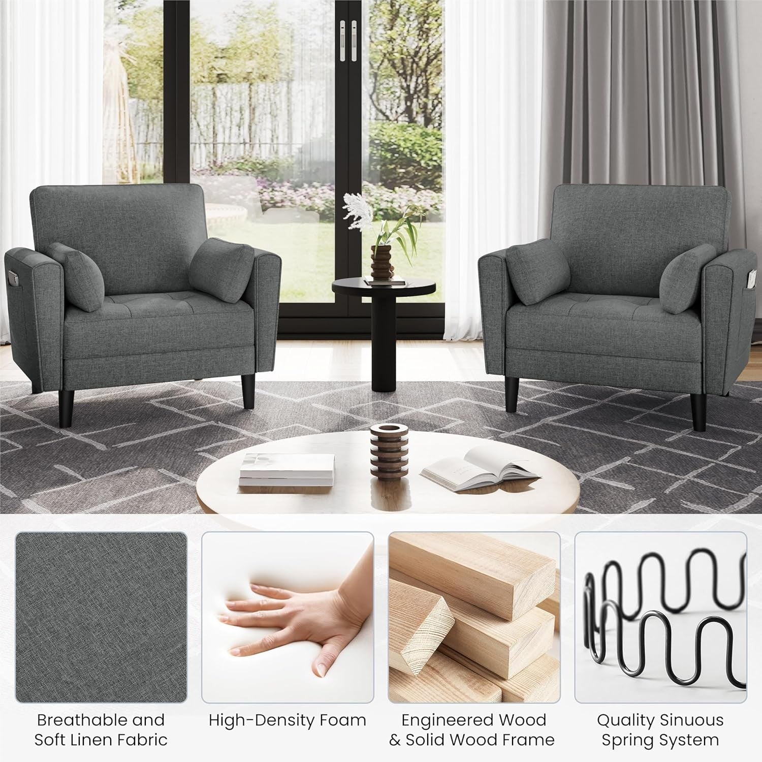 Dark Grey Tufted Tub Chair Oversized Armchair with Pillows