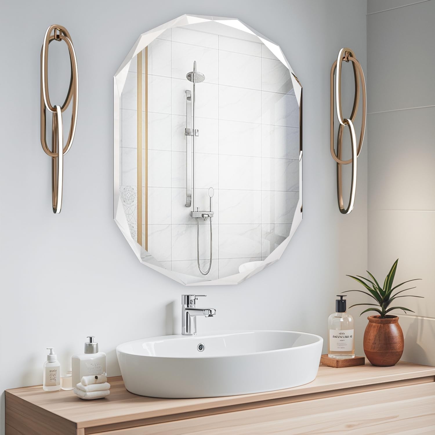 Oval Frameless Bathroom Wall Mirror 76x91 cm Beveled Edge Vanity