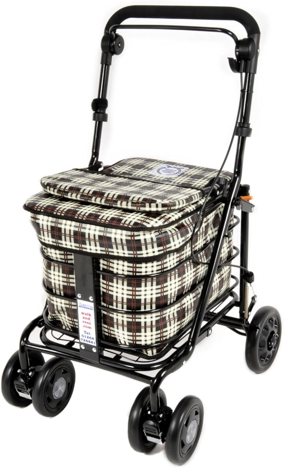 Premium 6 Wheel Mobility Shopping Trolley With Seat Backrest Brown Tartan