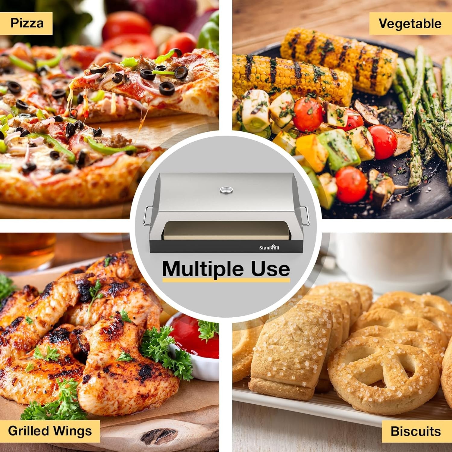 16" Stainless Steel Outdoor Pizza Oven | Dual Burner Gas BBQ Grill w/ Stone