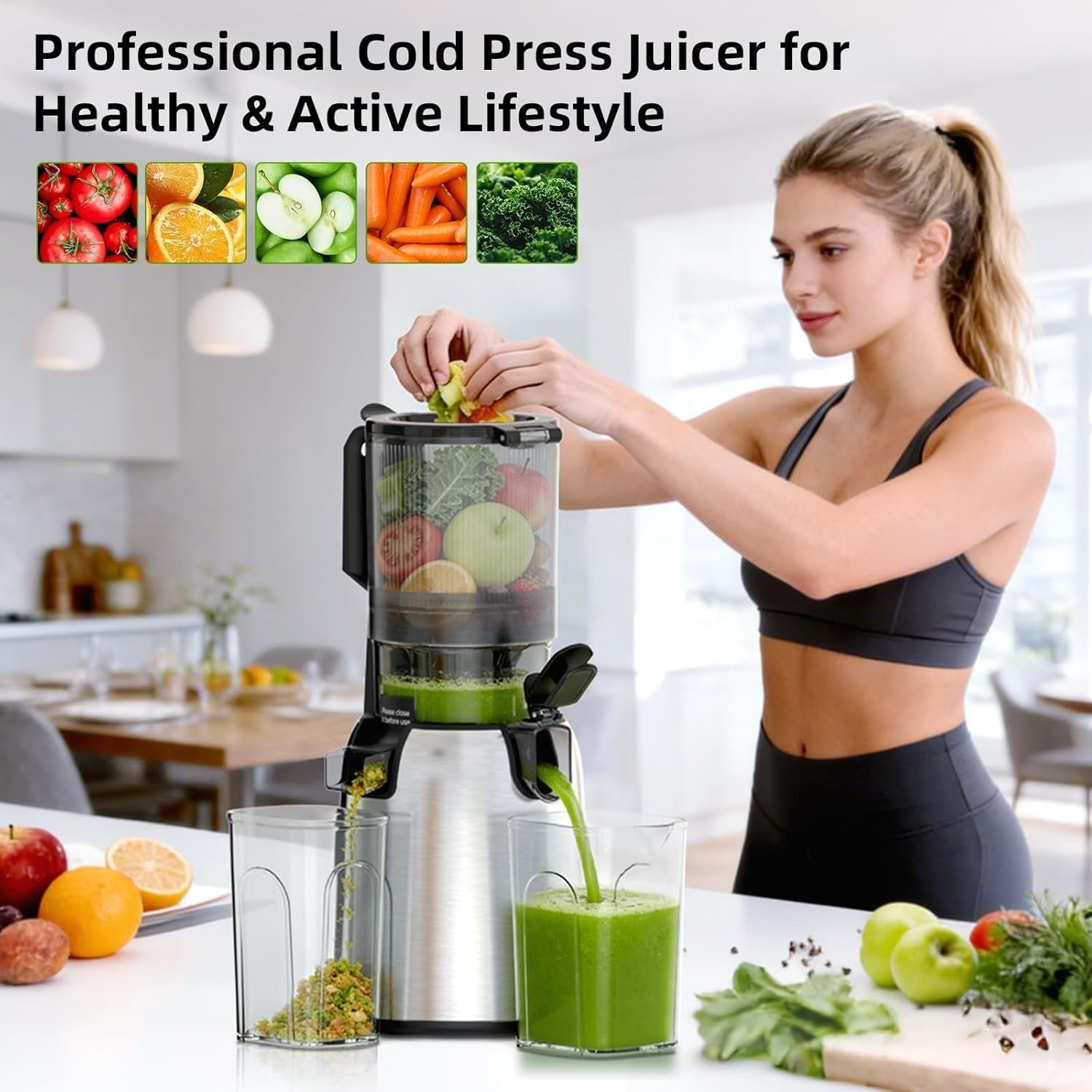 Cold Press Juicer 135mm Large Feed Chute Whole Fruit 300W High Yield