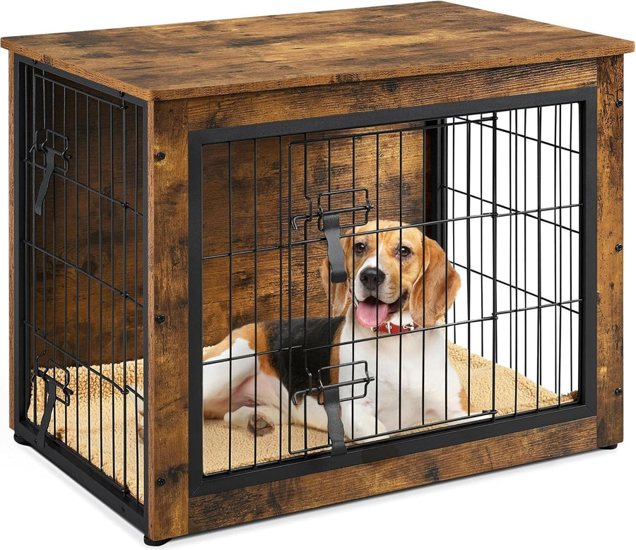 Rustic Brown Medium Dog Crate Furniture with Cushion & Double Doors 80.5x55.5x64