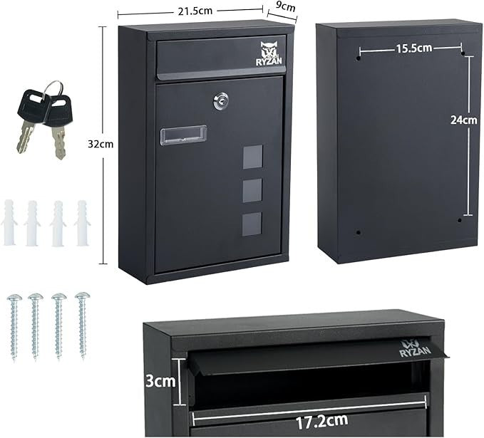 Lockable Wall Mounted Mailbox Outdoor Post Box Waterproof Steel 8.5x21.5x32cm