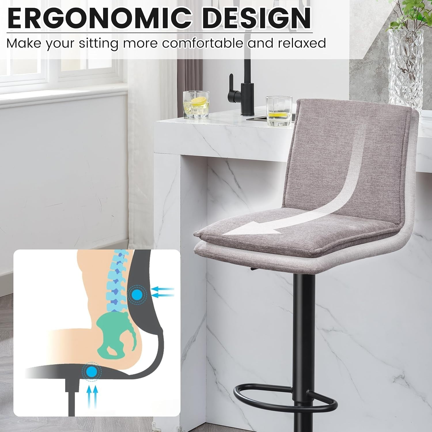 Adjustable Grey Linen Bar Stools for kitchen Set of 2 Swivel Kitchen Counter