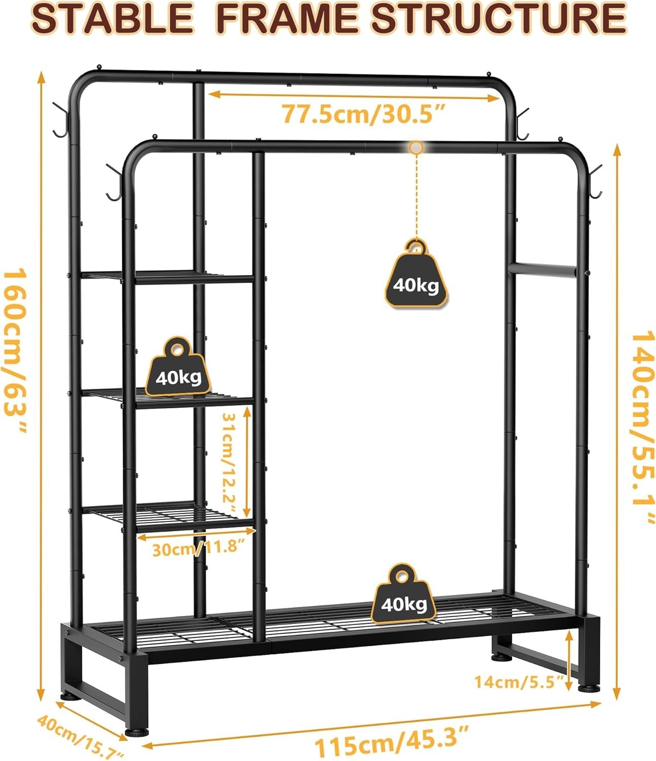 Double Clothes Rail 80KG Rack With Shelves & Hooks Black