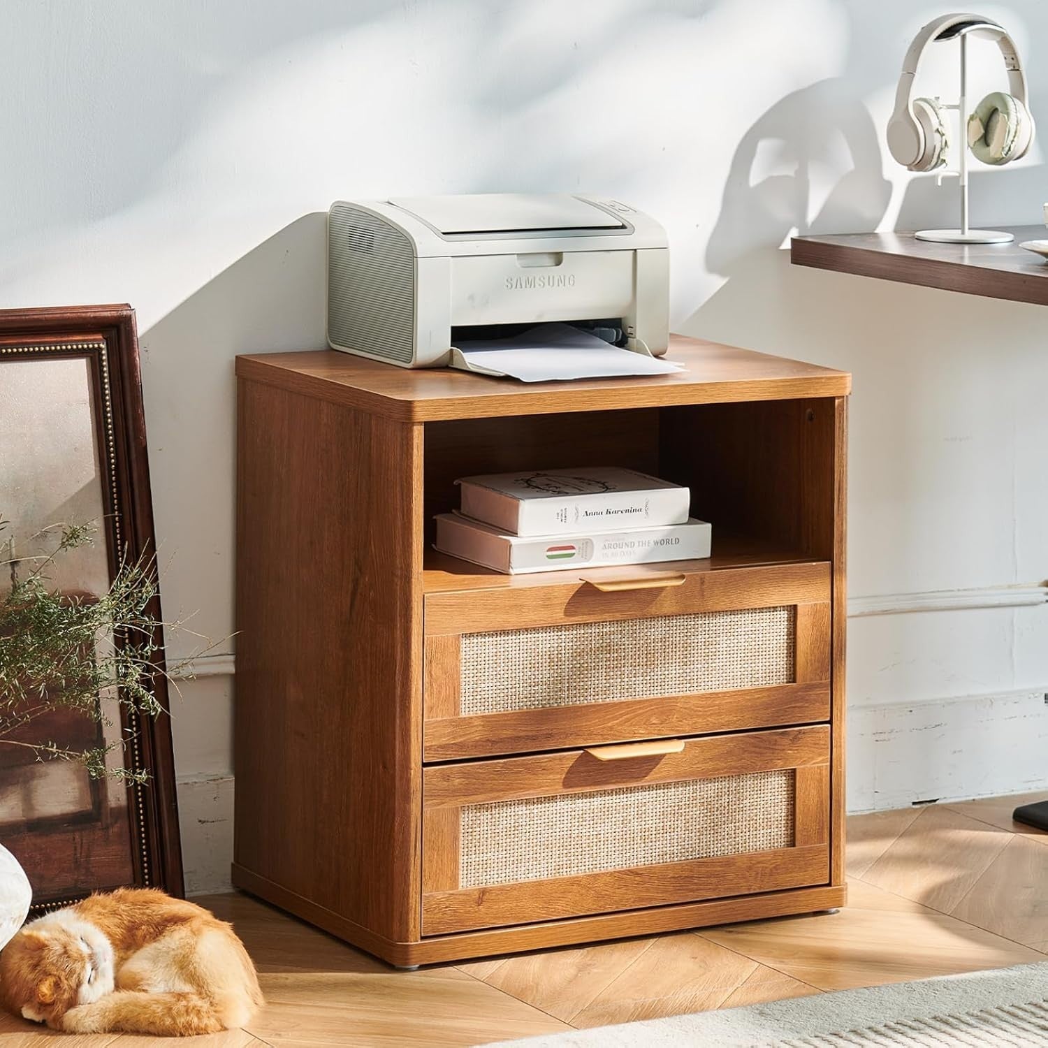 Wide Rattan Bedside Table with 2 Drawers Boho Wood Nightstand Storage Cabinet
