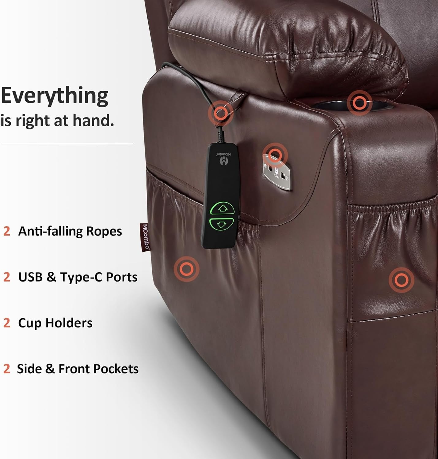 Dark Brown Riser Recliner Chair Lift Assist Heated Massage USB Faux Leather