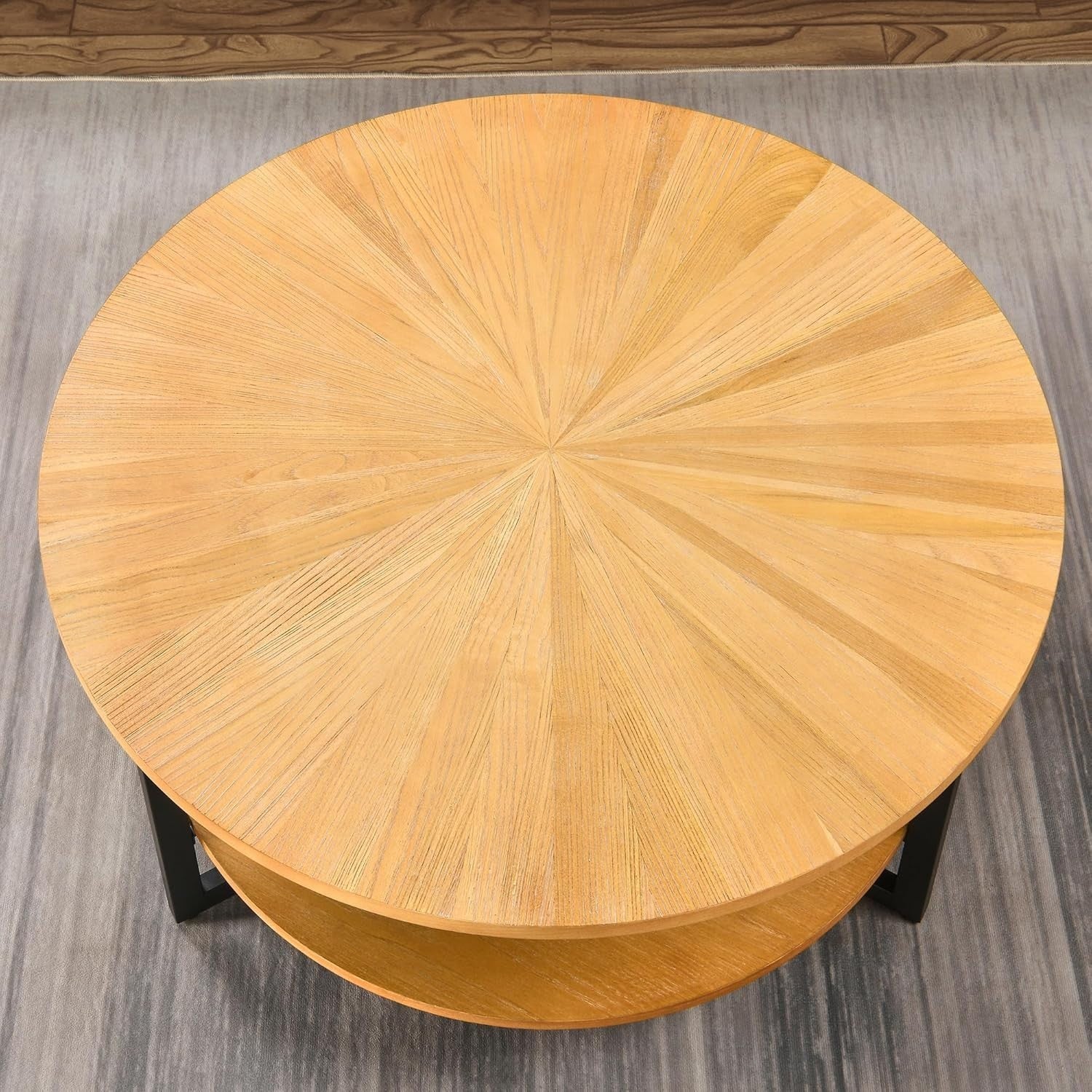 Round 2-Tier Solid Wood Coffee Table with Storage & Black Metal Legs 85cm