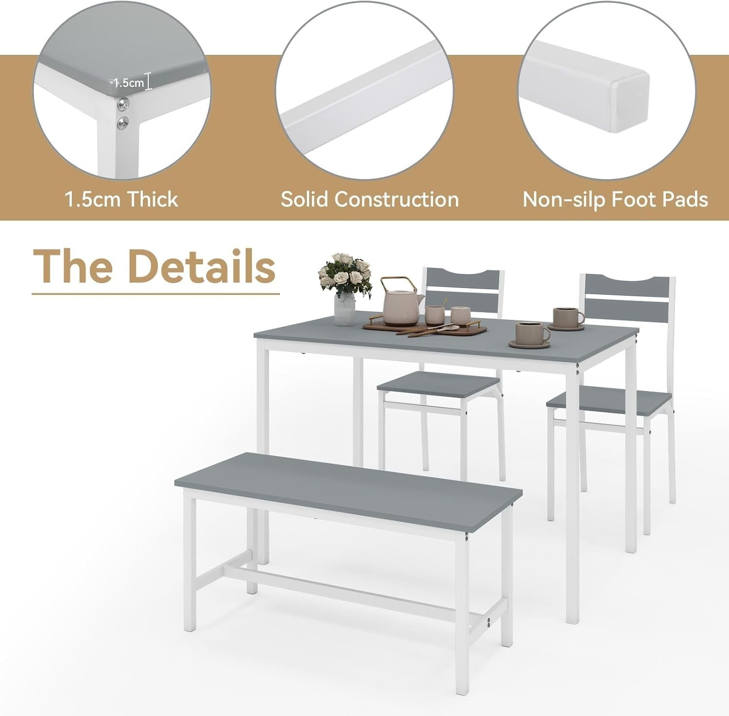 Space-Saving Grey Dining Table Set with 2 Chairs & Bench – Modern Kitchen