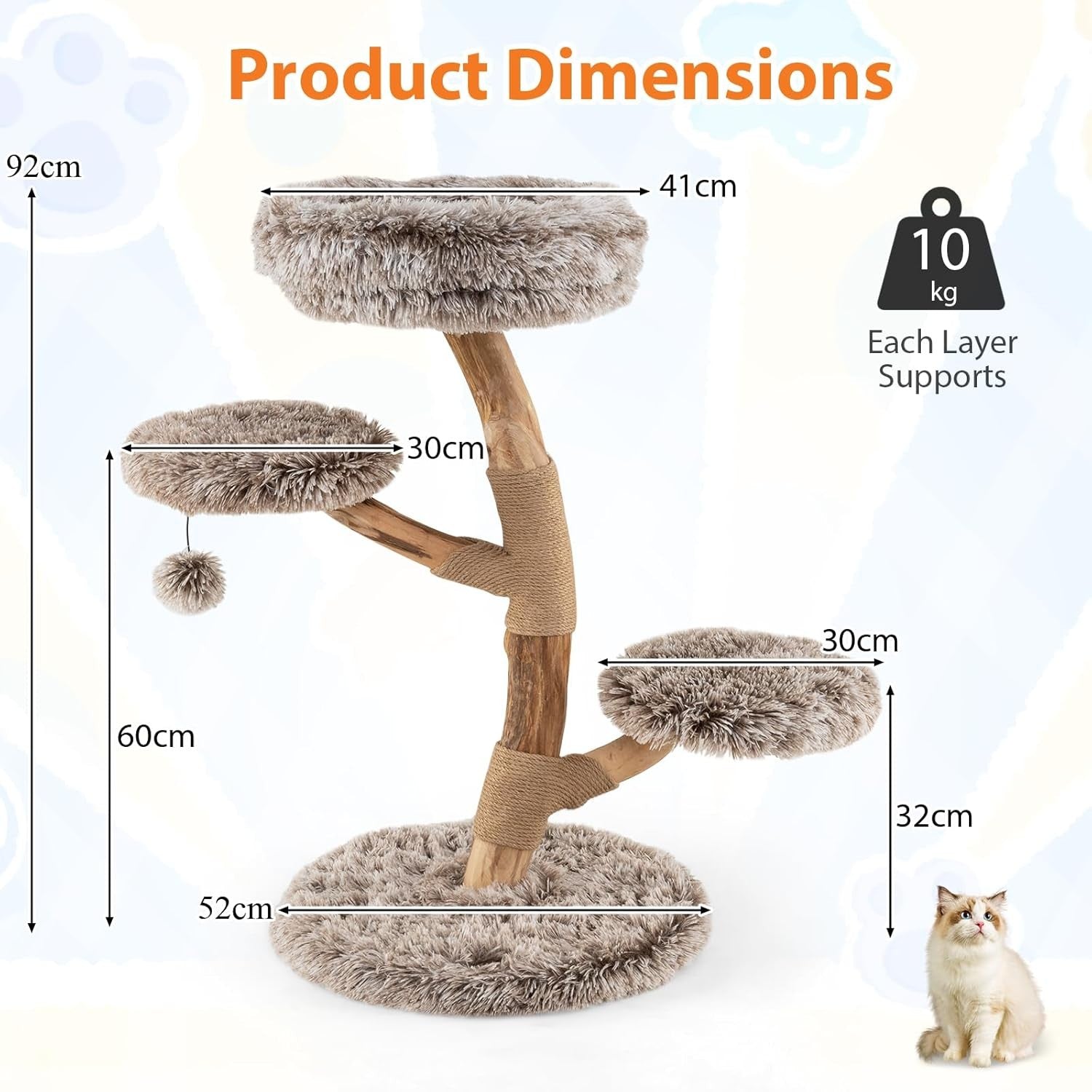 92cm Wooden Cat Tree Multi Level Tower with Plush Perch & Jute Scratching