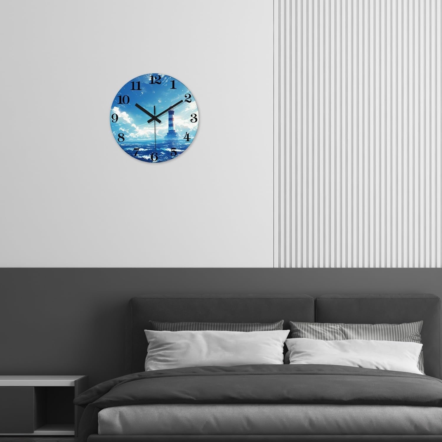 14" Blue Lighthouse Wall Clock Silent Non-Ticking Glass Nautical Home Decor