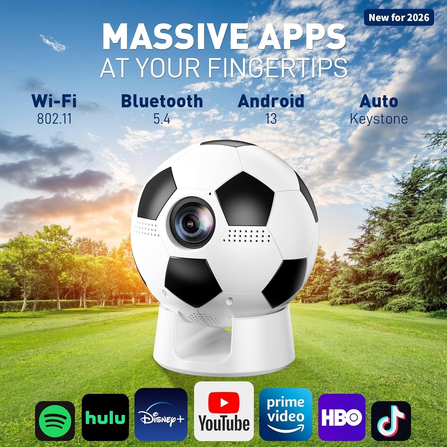 1080P Smart Projector WiFi 6 Bluetooth Rotatable Stand Soccer