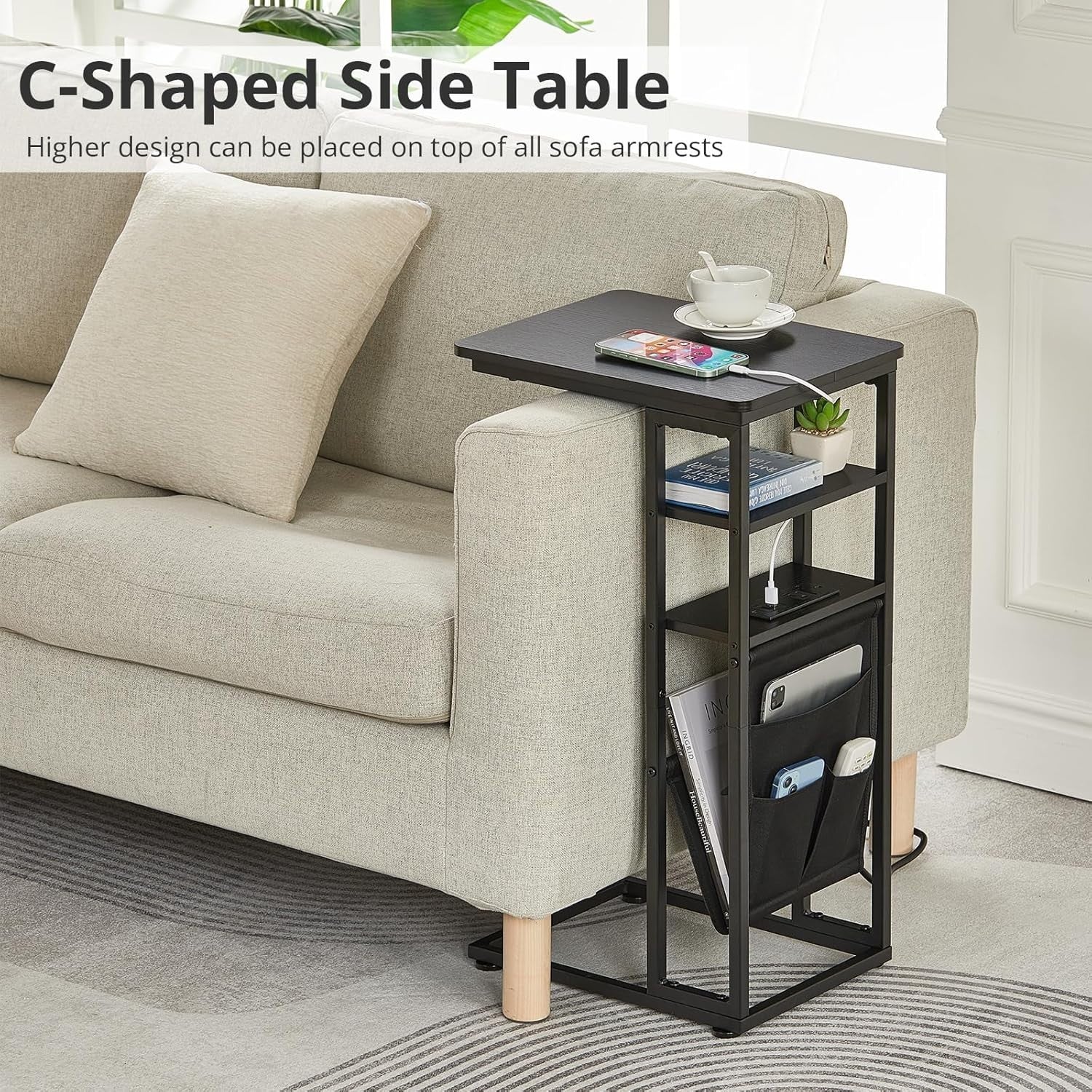 C-Shaped End Table with Charging Station, Storage & Slim 3-Tier Design