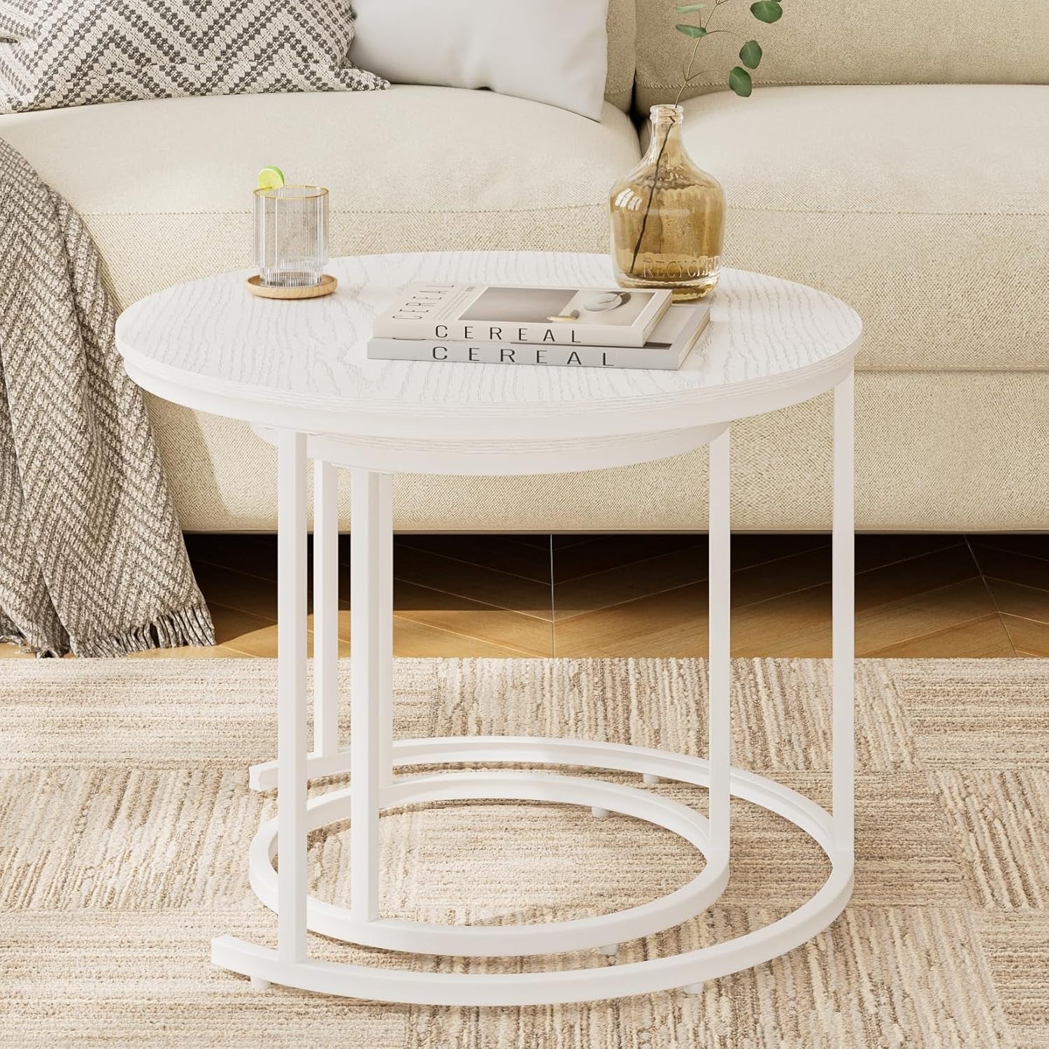 Round Nesting Coffee Tables Set of 2 – Grey Top Black Frame, Space- White.