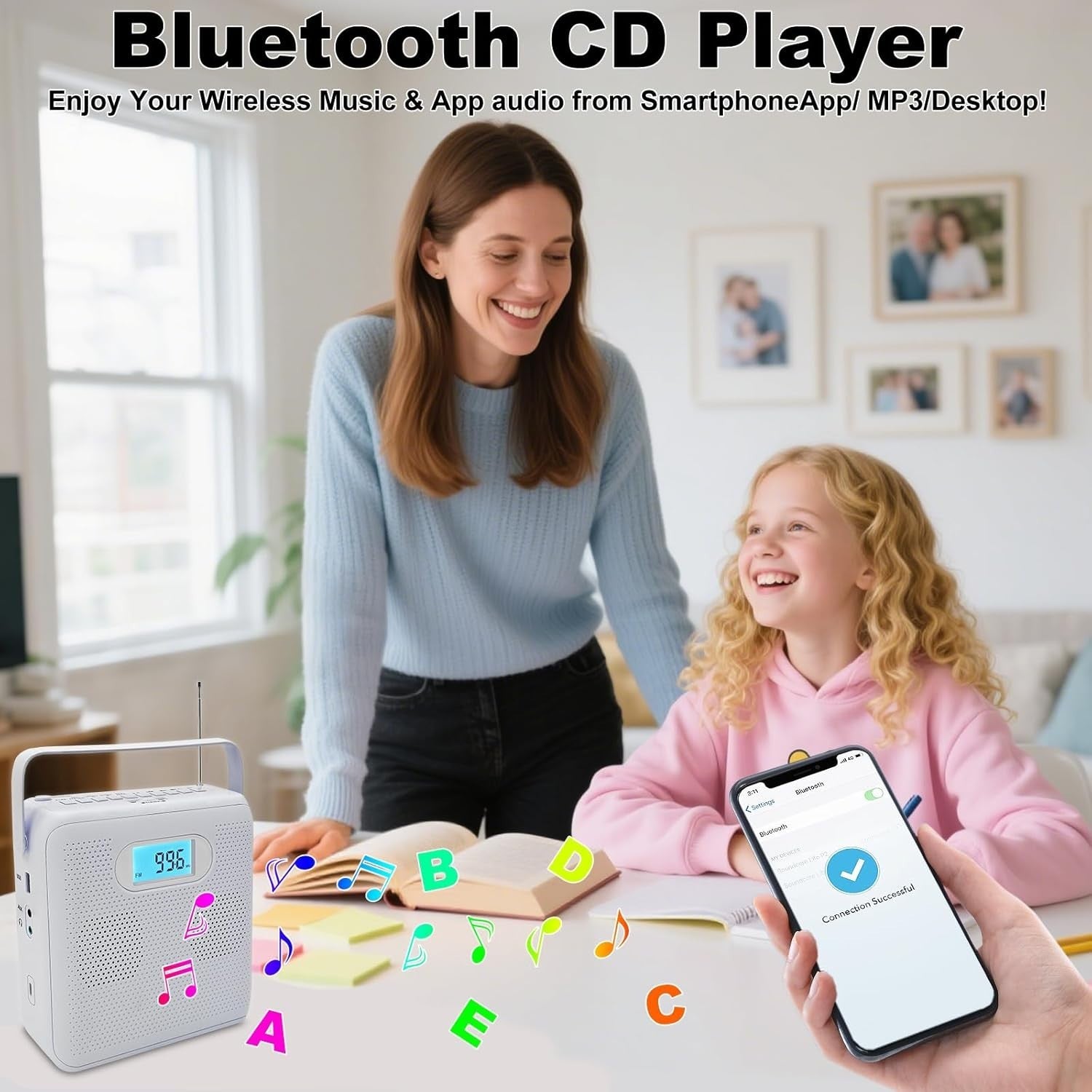 Portable CD Player Bluetooth FM Radio USB Recording HiFi Speakers LCD
