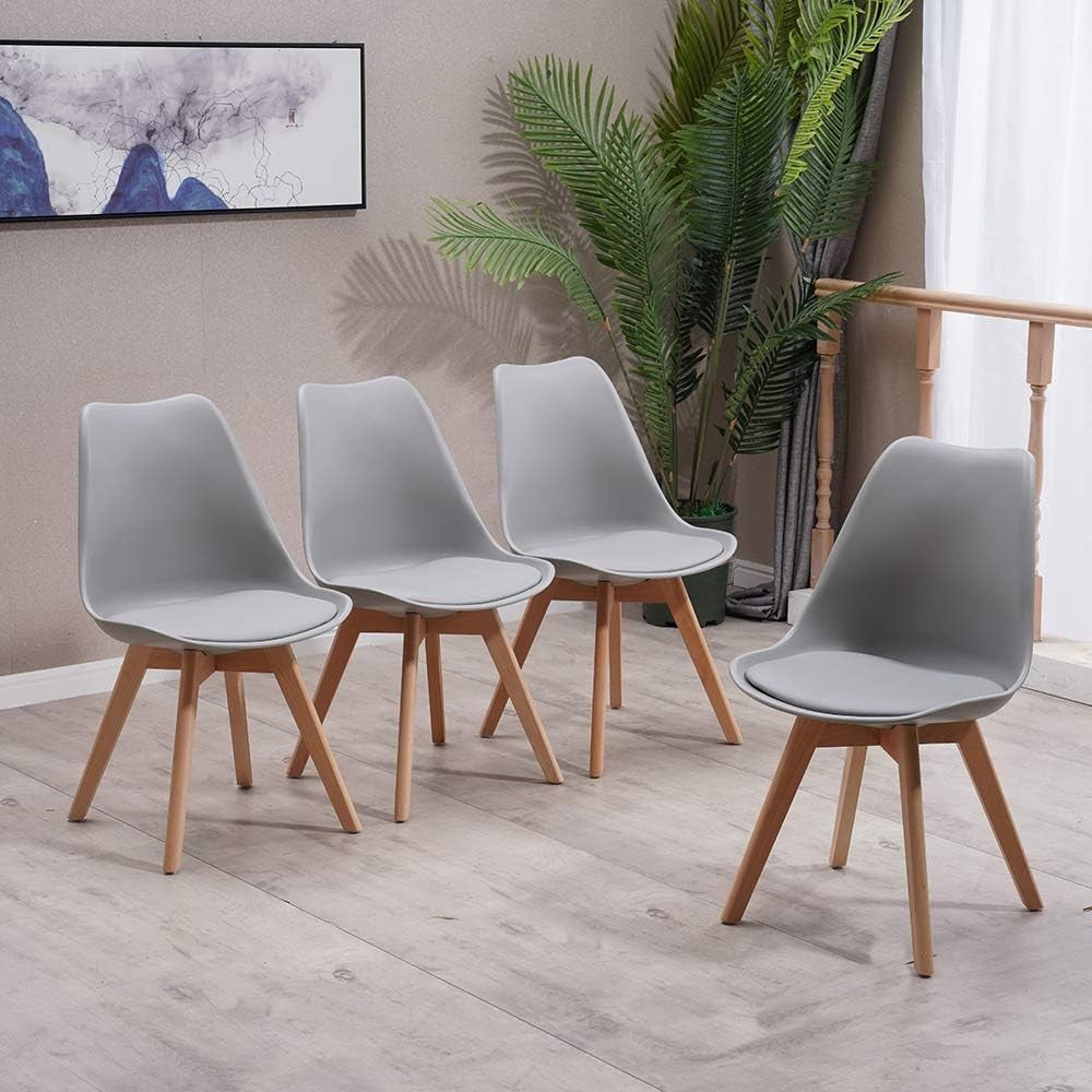 Modern Grey 4-Seater Dining Table Set | PU Leather Chairs | Solid Wood Legs