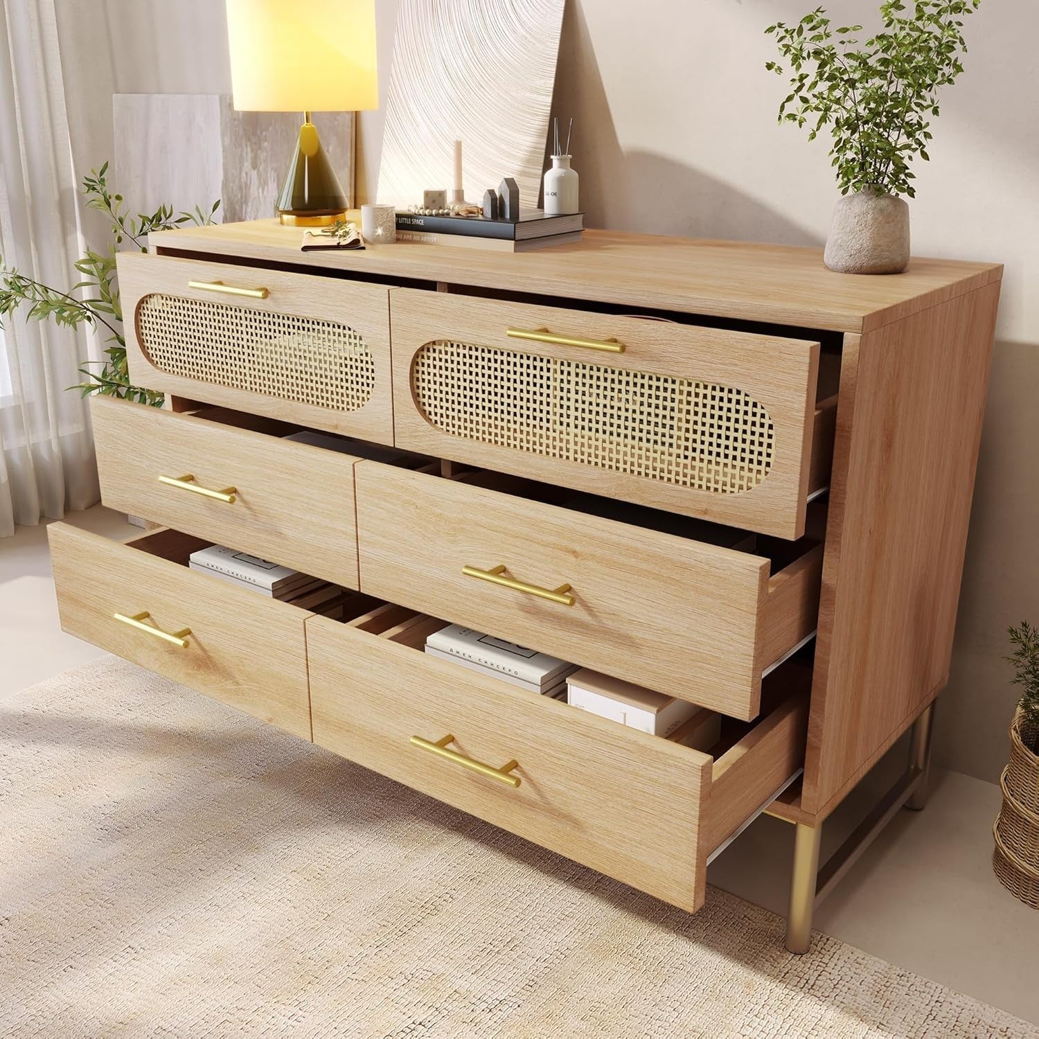120cm Rattan Oak Sideboard Cabinet 6 Drawer Storage Unit for Hallway