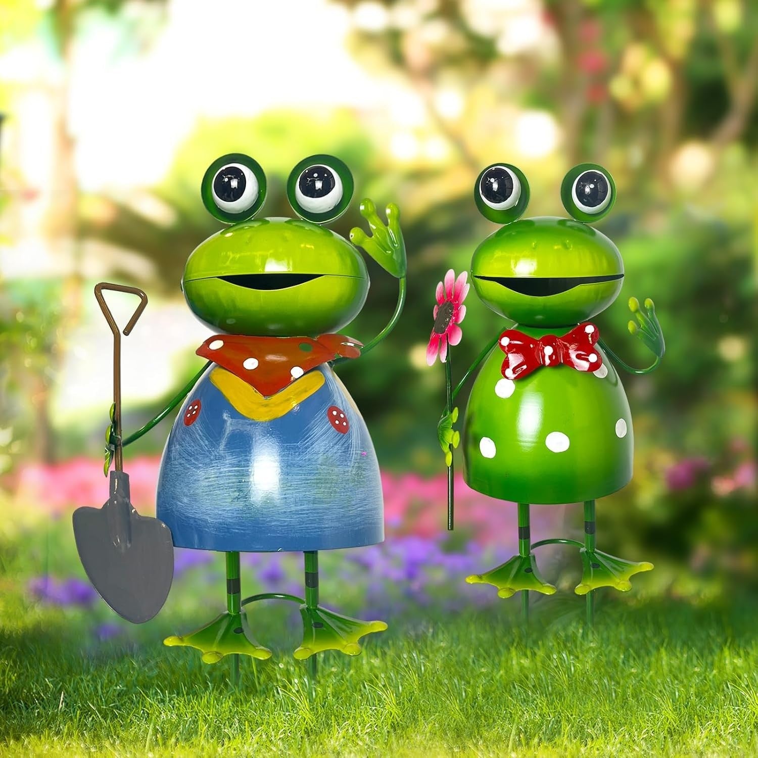 Metal Frog Garden Ornaments 3D Outdoor Yard Decor Cute Spring Figurine Set 2pcs