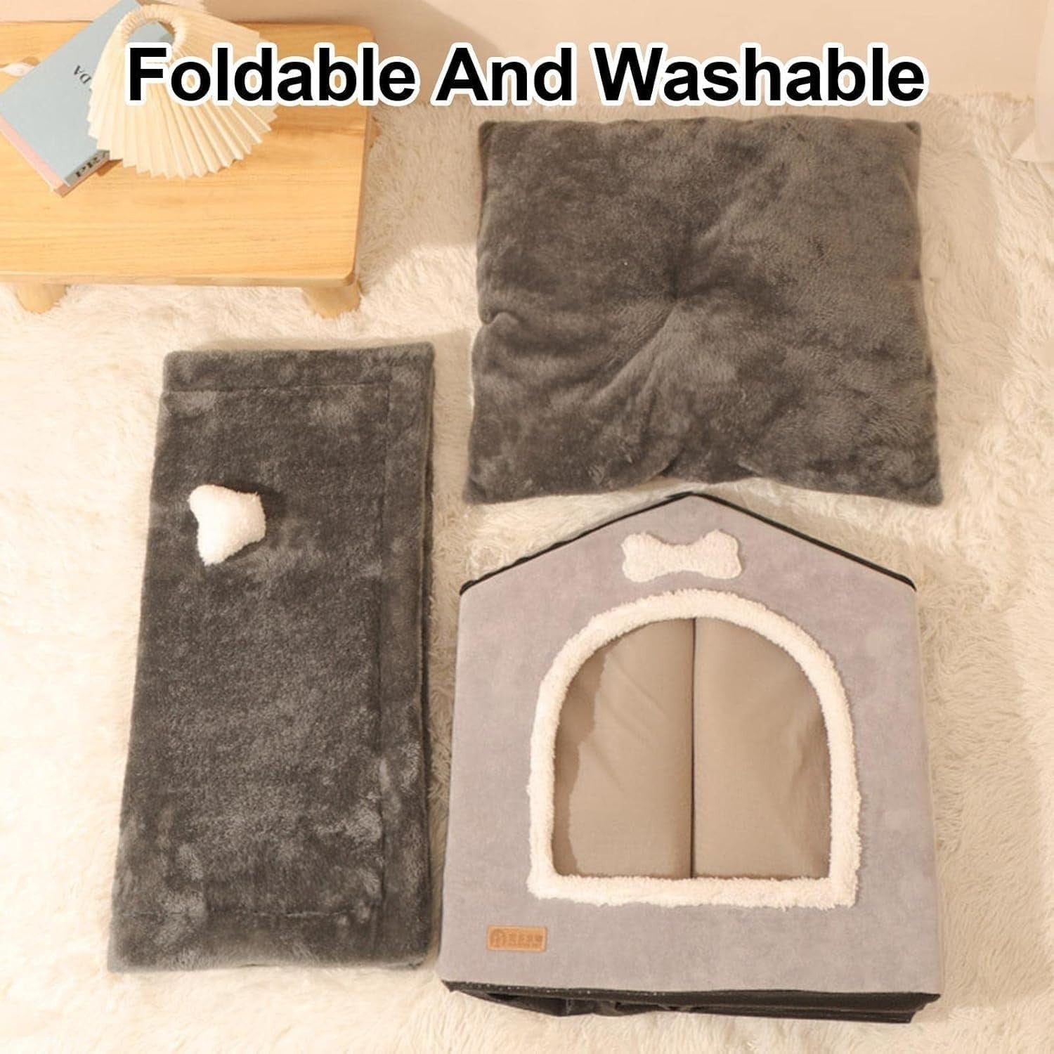 Foldable Plush Dog House Kennel Bed with Removable Cushion Small Medium Pets
