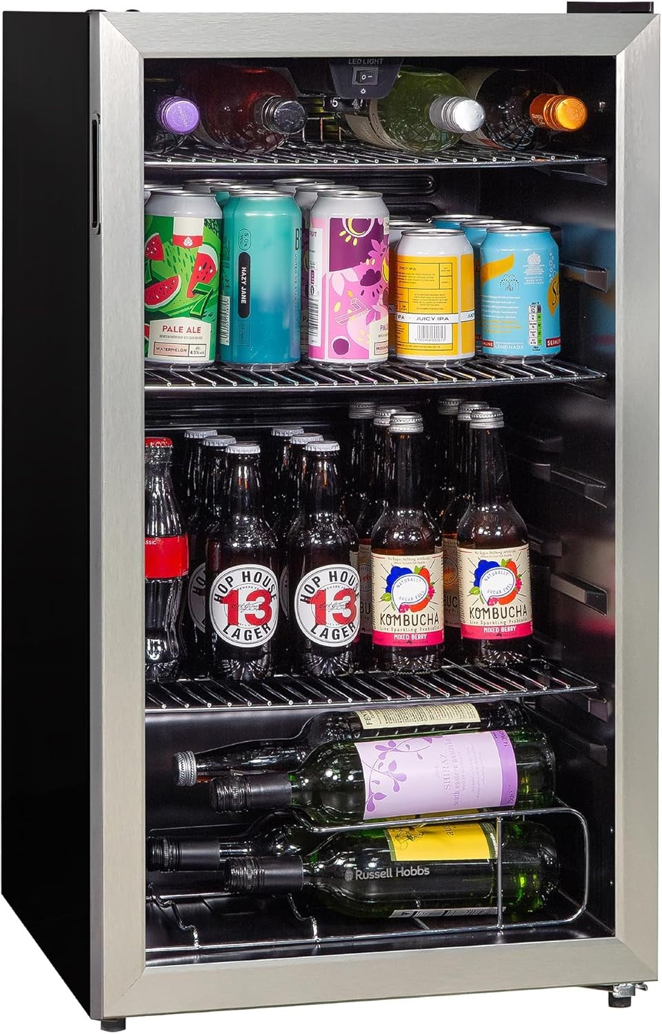 Under Counter Drinks Fridge Stainless Steel Glass Door LED Cooler 93L 48 Can