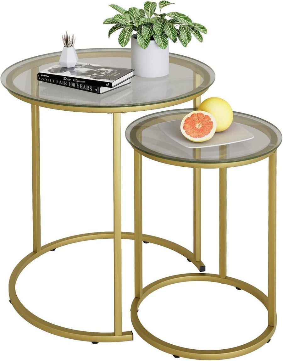 Space Saving Gold Nesting Coffee Table Set 2 Round Glass End Side Tables