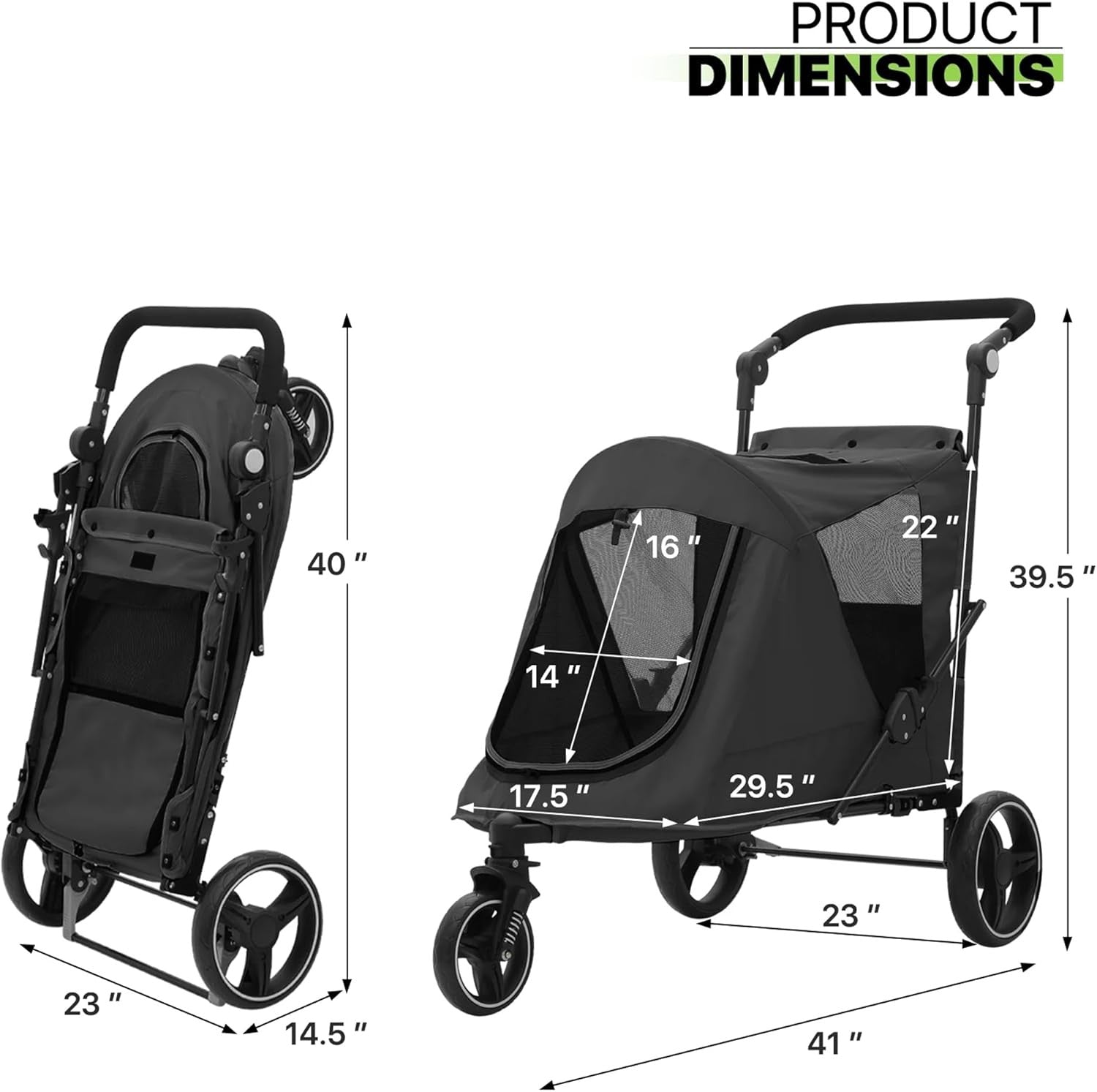 3 Wheel Dog Stroller Pushchair Foldable Pet Pram 30kg Black