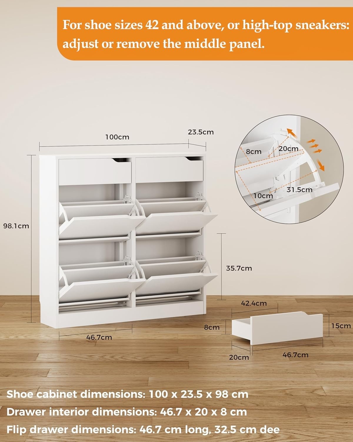 Modern Slim Shoe Cabinet with 4 Flip Drawers & 2 Storage Drawers – White
