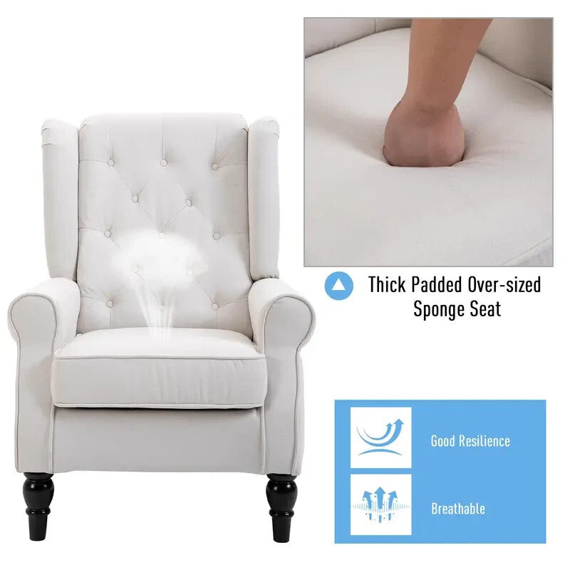 Cream Wingback Accent Armchair Linen Tufted High Back Chair Wood Legs
