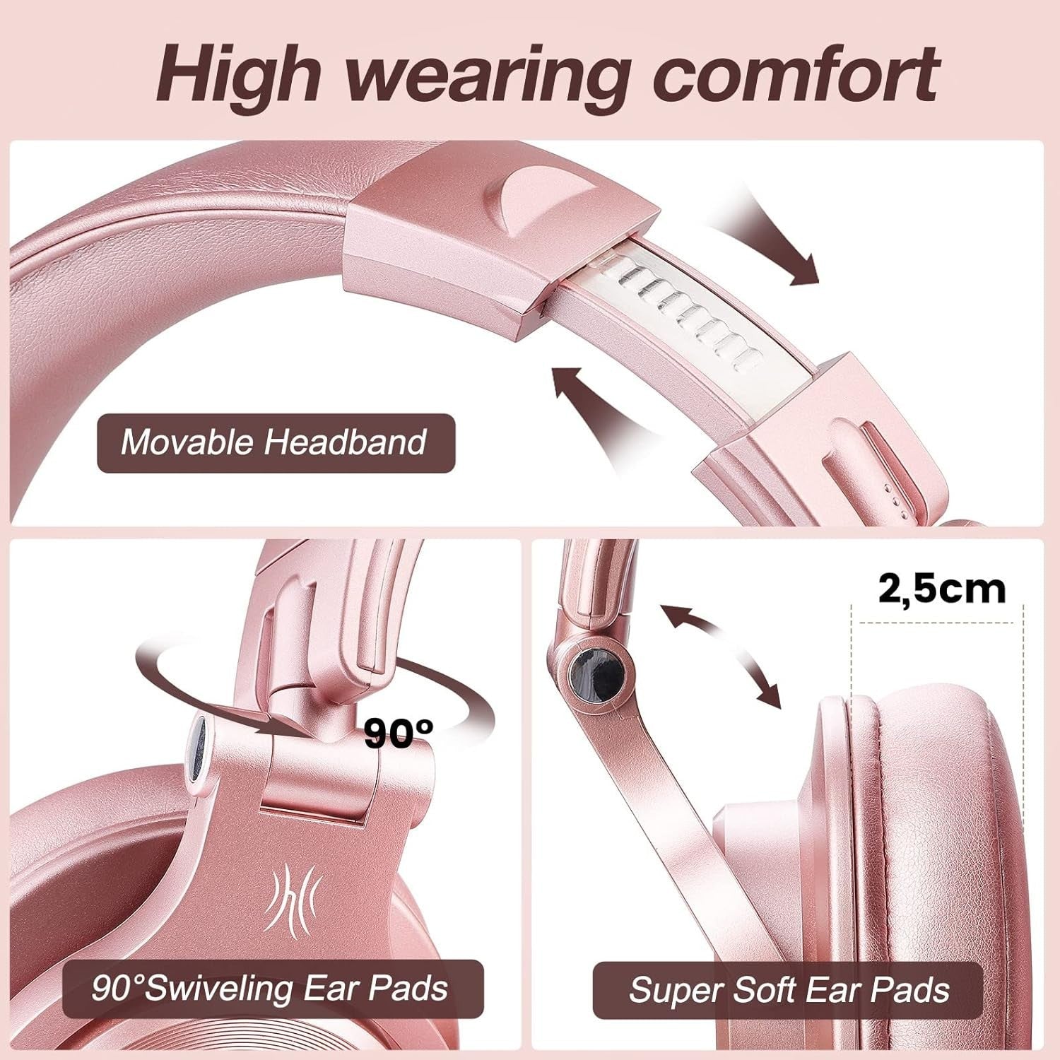 OneOdio Rose Gold Bluetooth Headphones 72H Studio Over Ear Foldable DJ Set