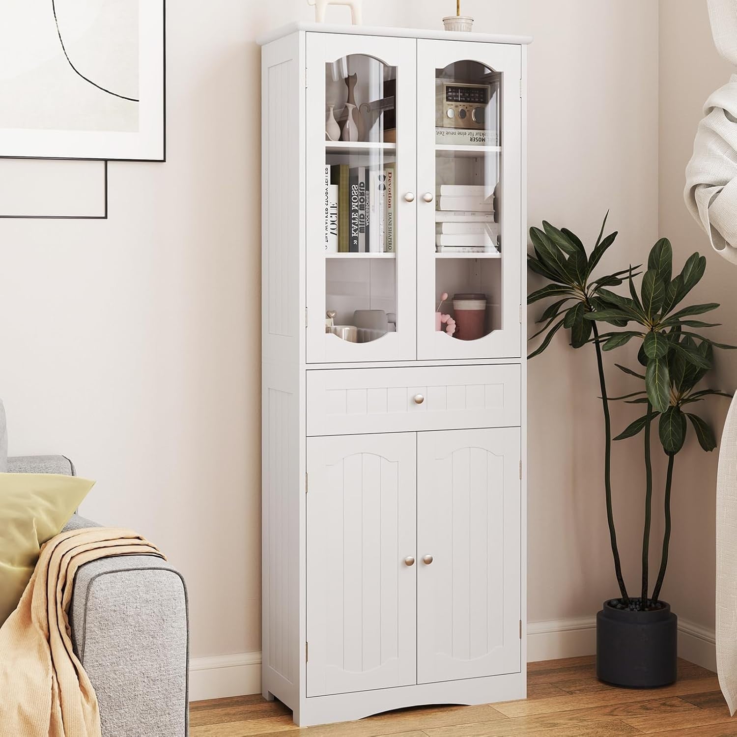 Tall Bathroom Cabinet White Freestanding Storage Cupboard 4-Door Drawer