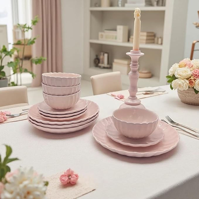 16 Piece Stoneware Dinner Set for 4 Plates Bowls Mugs Pink