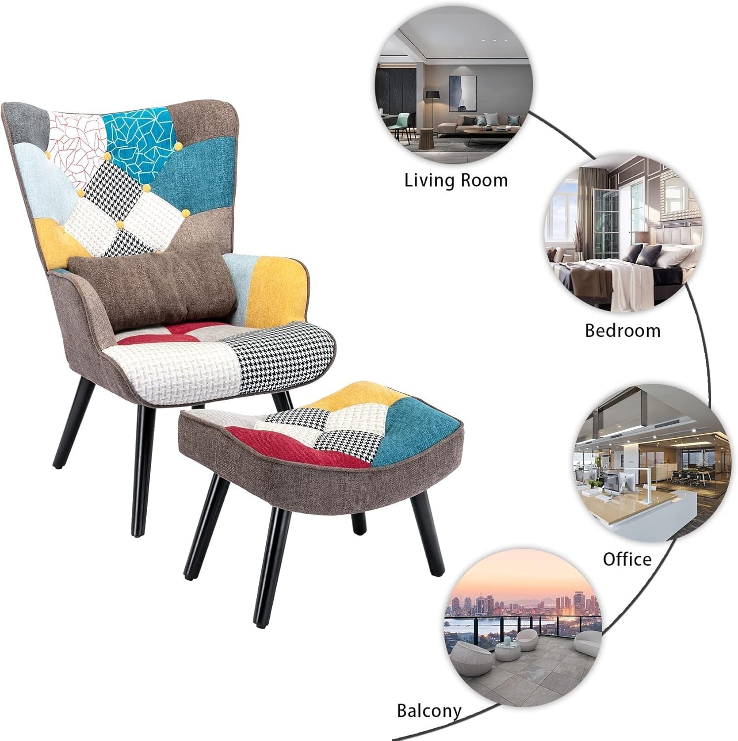 Patchwork Accent Chair & Ottoman Lounge Set | Retro Armchair for Reading