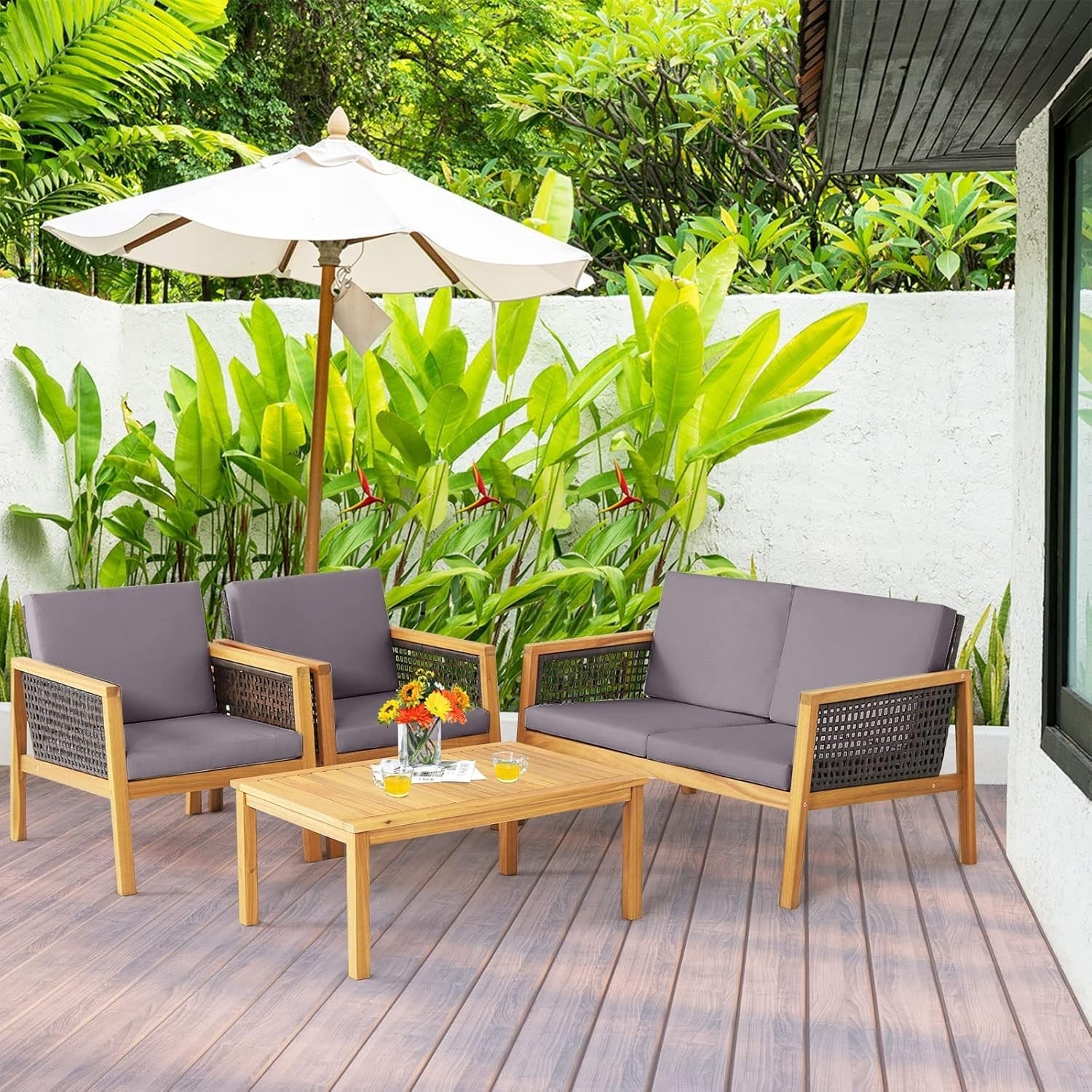 Outdoor 4PC Rattan Sofa Set Wooden Garden Lounge Chairs Coffee Table