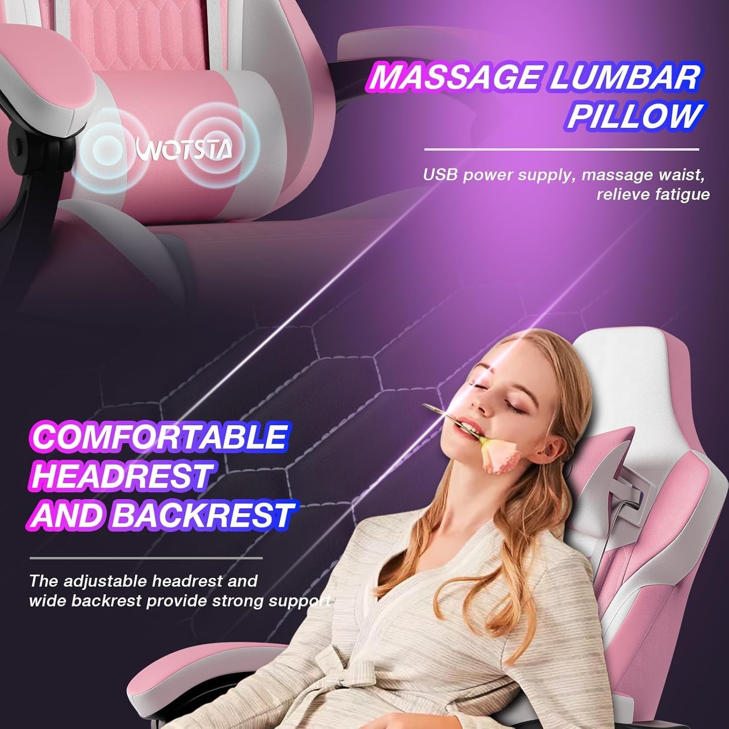 Gaming Chair with Footrest Ergonomic Reclining Pink White Seat