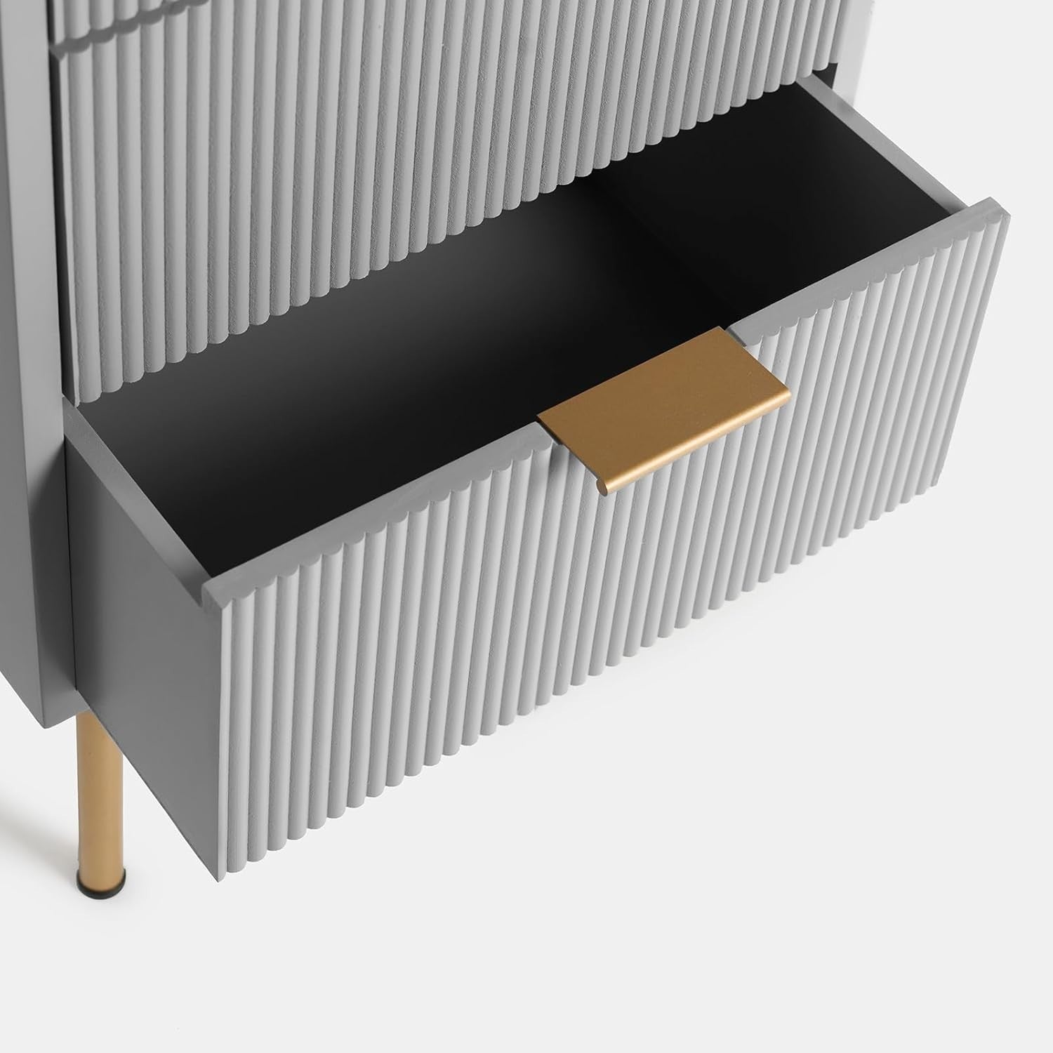 Modern Grey 4 Drawer Bedside Table | Ribbed Wood Nightstand with Gold Legs