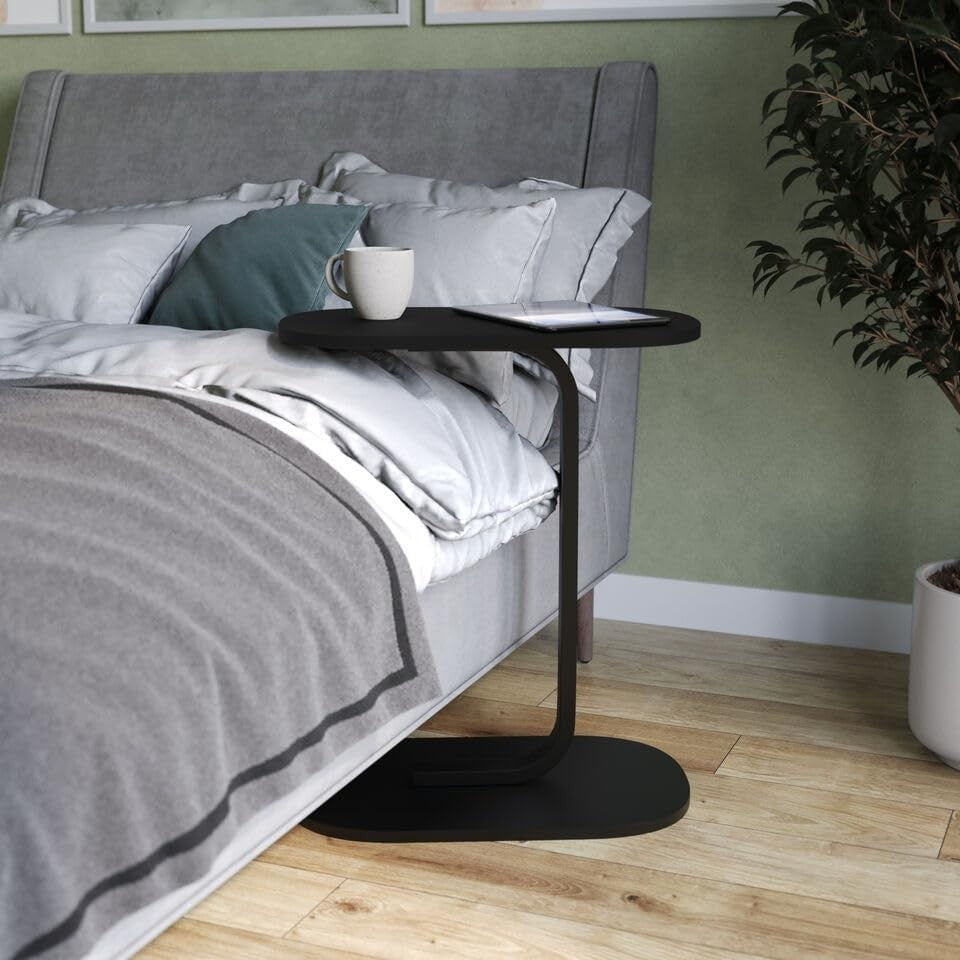 C-Shaped End Table, Wood & Metal Side Table for Sofa