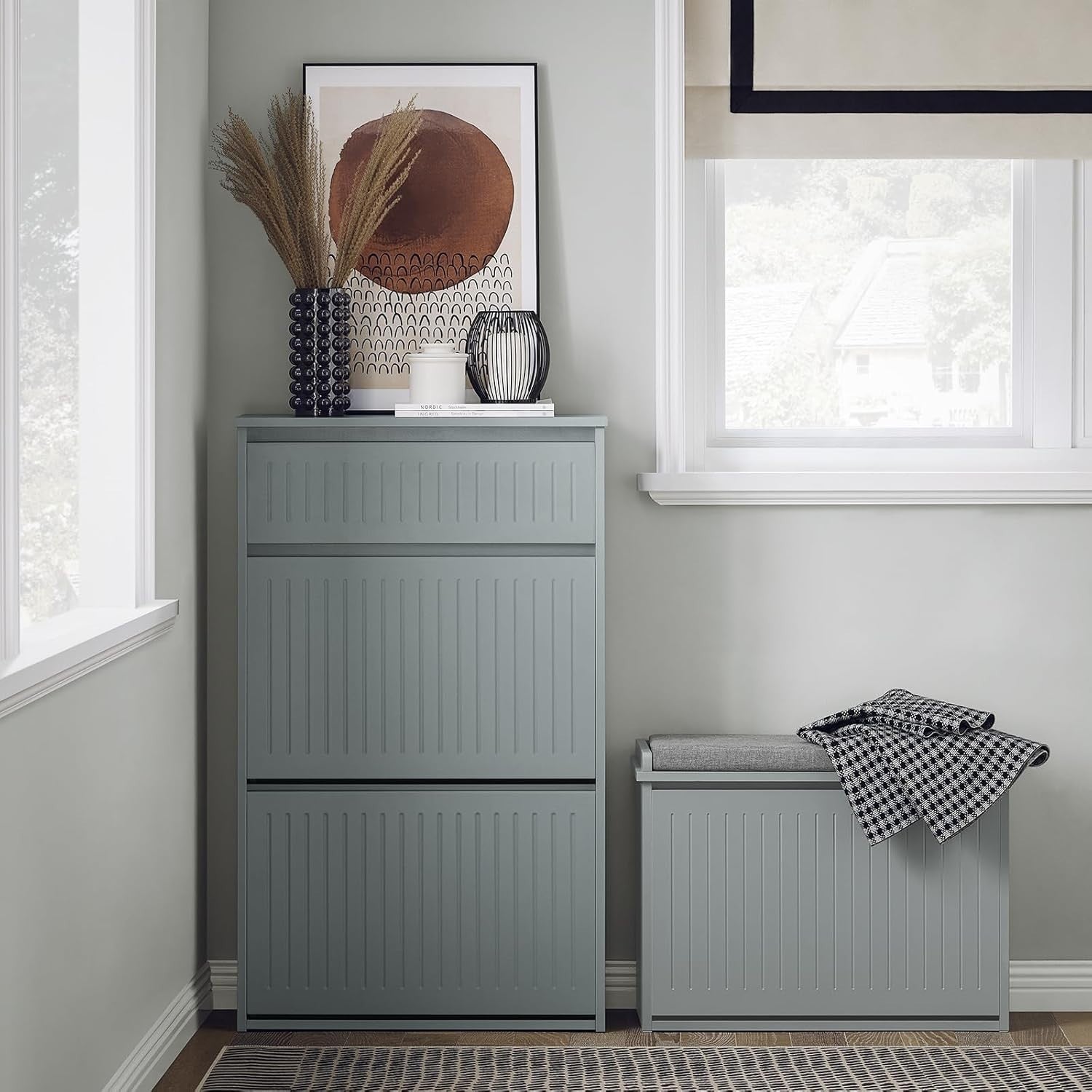 Slim Grey Shoe Storage Cabinet 2 Flip + 1 Pull-Out Drawer, Space Saver