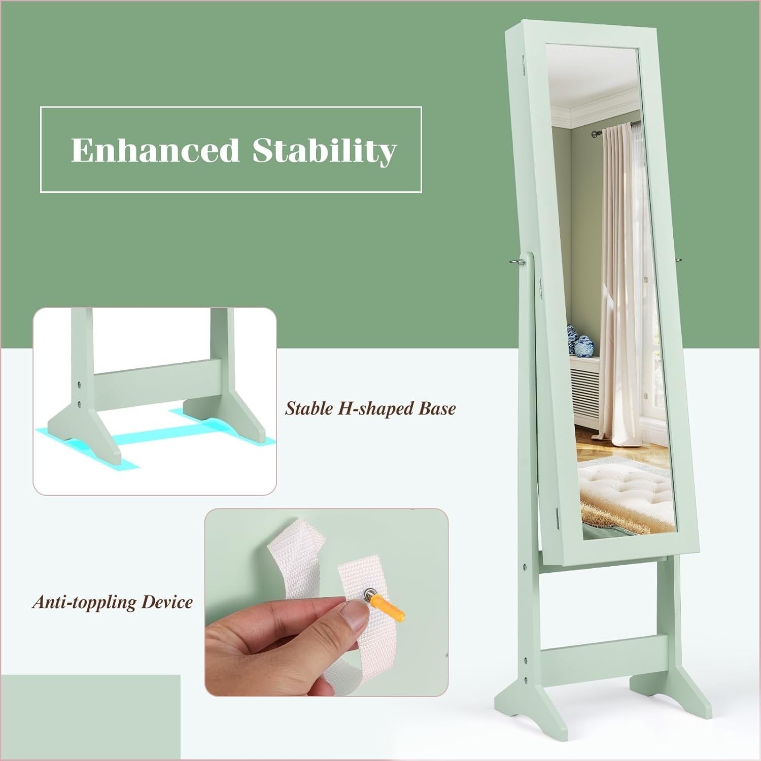 Freestanding Jewelry Cabinet Full Length Mirror Adjustable Storage Green