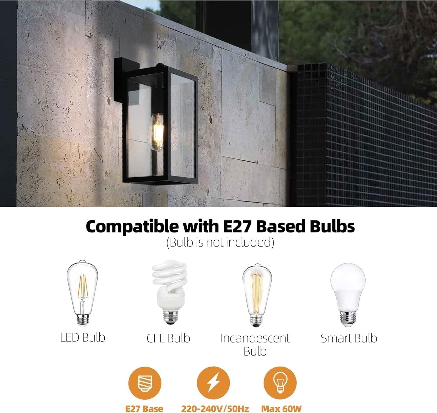 Outdoor Wall Lantern Black Aluminum Porch Light IP44 No Sensor