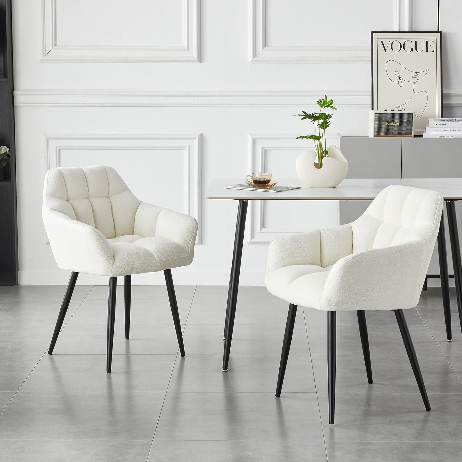 Boucle Accent Tub Chair Cream White Upholstered Dining Armchair