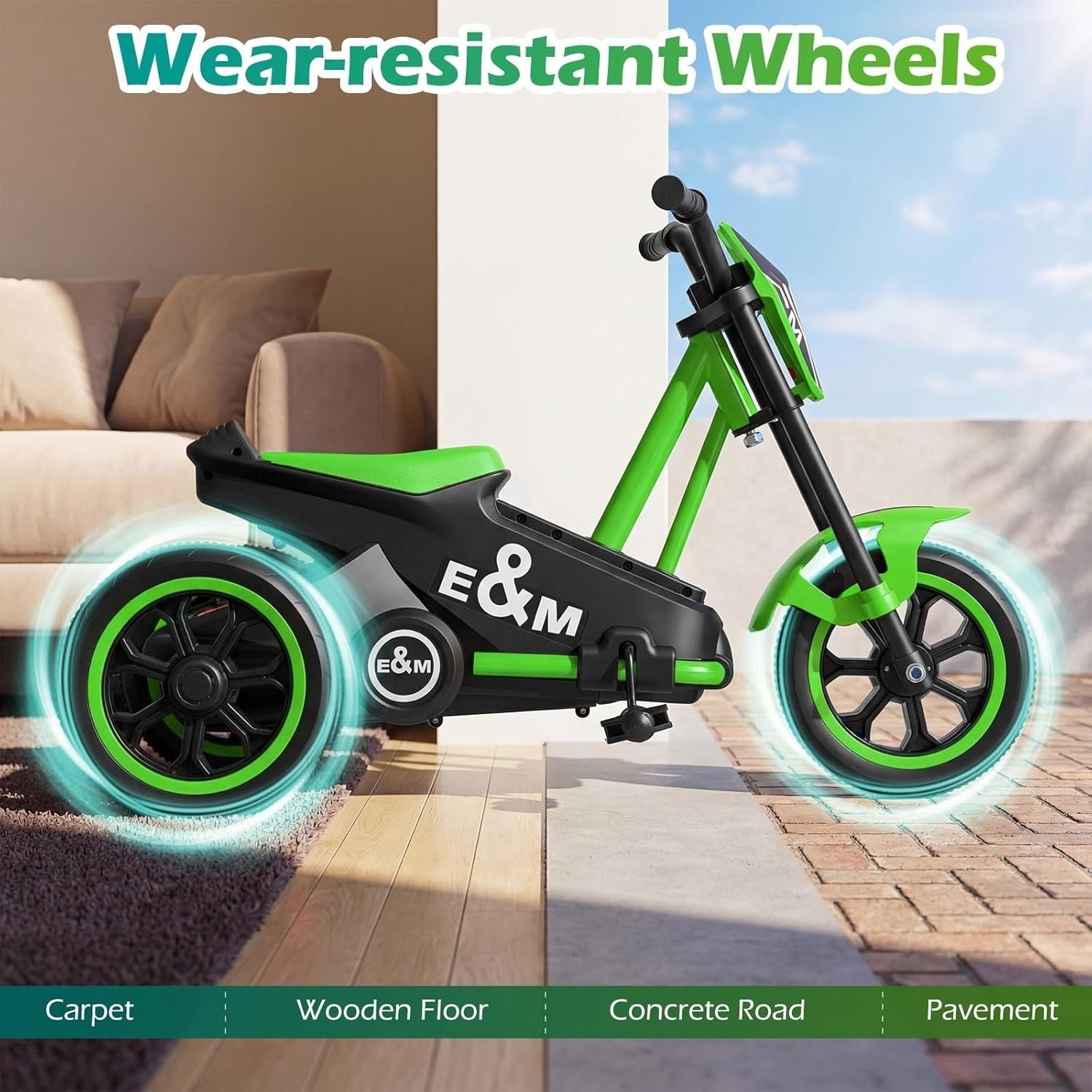 Kids Tricycle 3 Wheel Balance Bike Anti Slip Pedals Green Age 3+