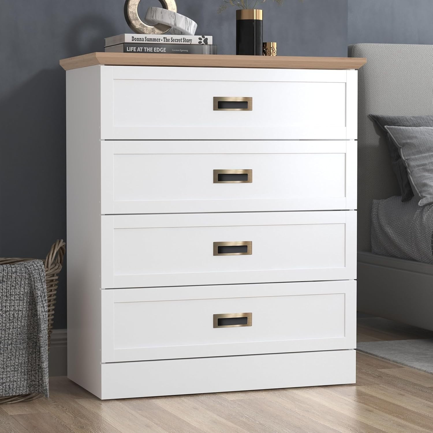 4 Drawer Chest White Oak Bedroom Storage Cabinet Modern Tall Unit