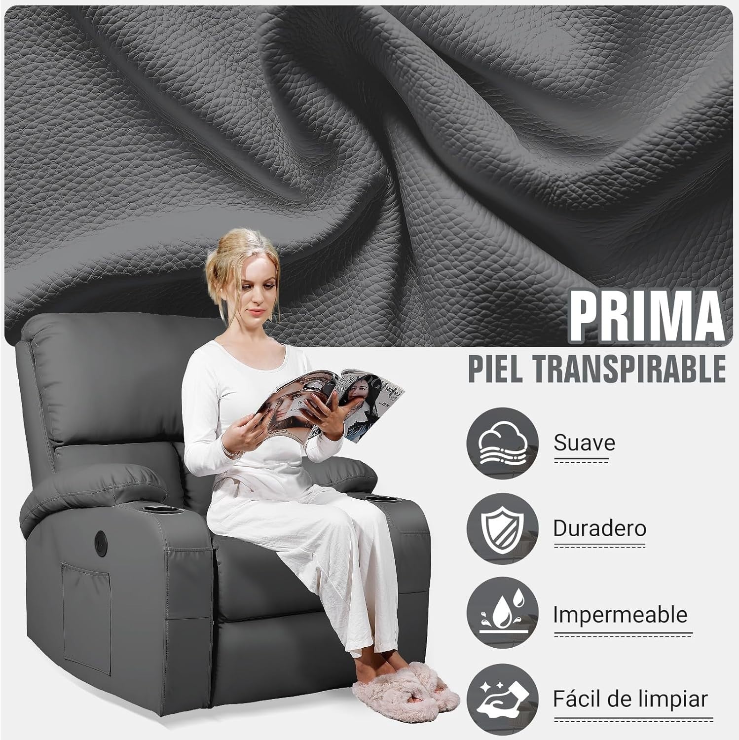 Rocking Recliner Chair Massage Heat 360° Swivel USB Type-C Faux Leather