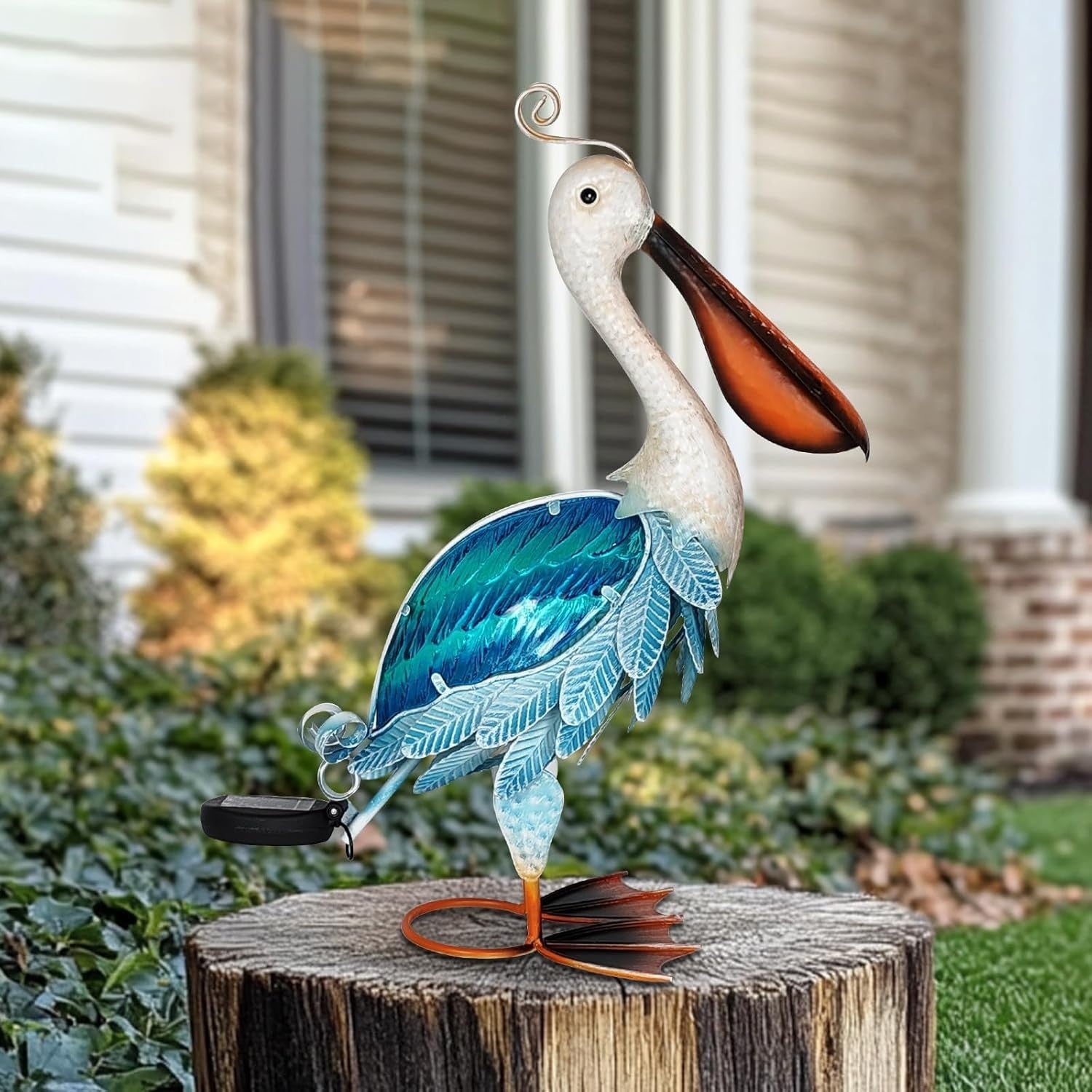 Solar Metal Pelican Garden Statue 19" Coastal Bird Ornament Outdoor Yard Decor