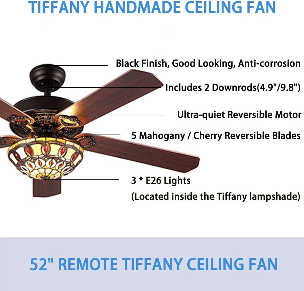 ANFERSONLIGHT 52" Tiffany Ceiling Fan, 5 Blades, Quiet, Remote, Black/Copper