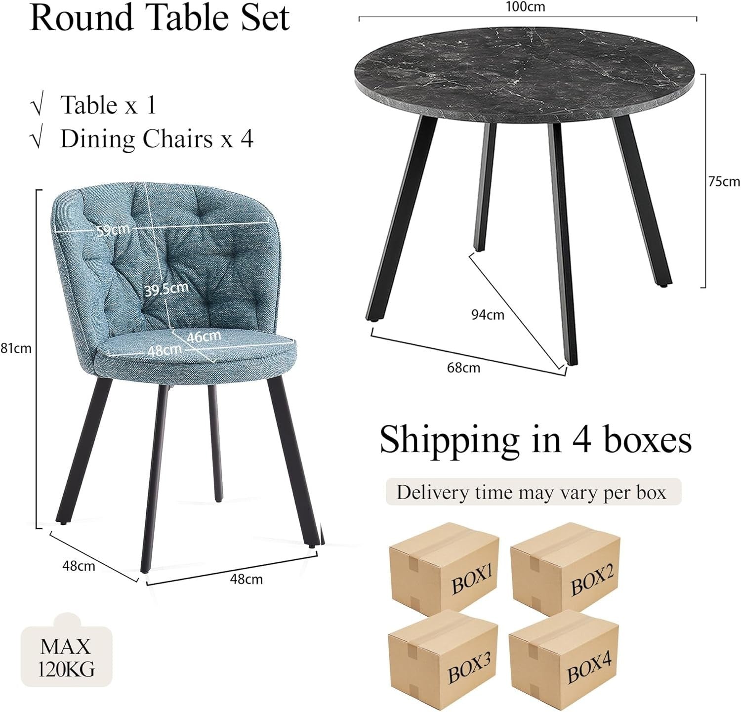 4 Seat Blue Dining Chairs & Black Marble Round Table Modern Kitchen Set